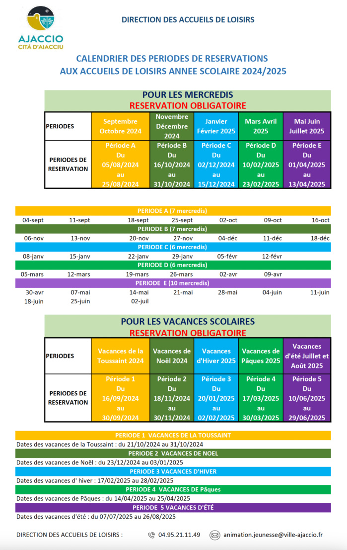 Calendrier réservations aux ALSH