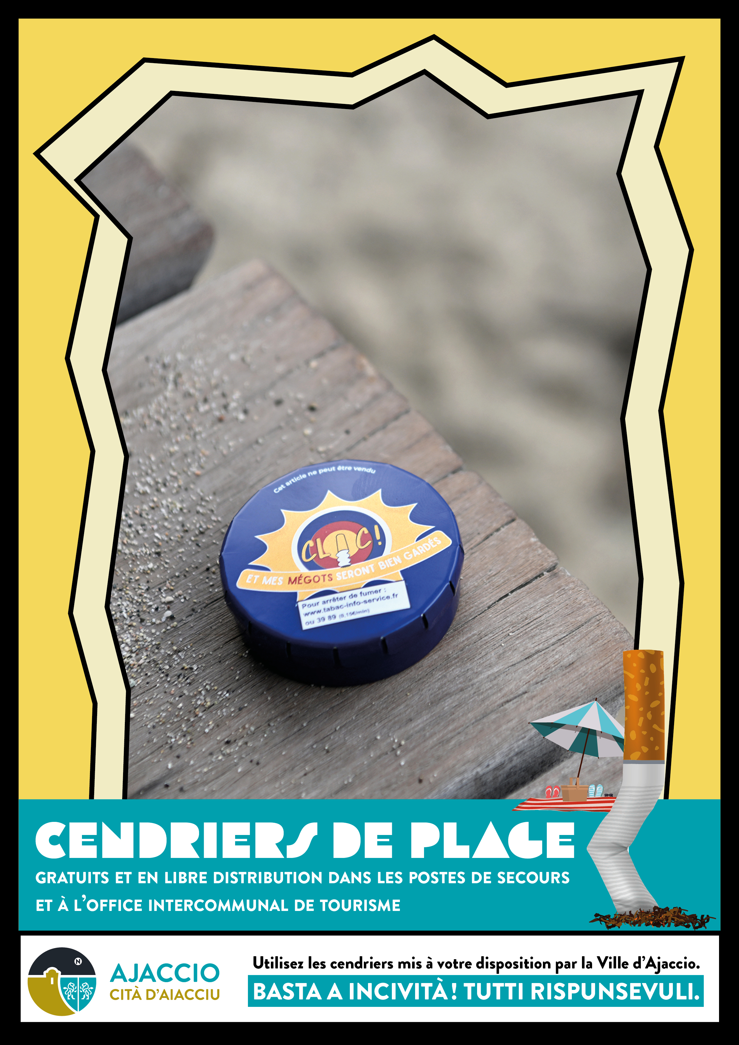 Cendriers de plage gratuits en libre distribution dans les postes de secours et à l'Office Intercommunal de Tourisme du Pays Ajaccien